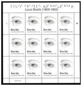 2009 Ireland Birth Centenary of Louis Braille Commemorative Stamp Sheetlet Plate 1A Mint Never Hinged (MNH). Note Stamps also have braille on each stamp