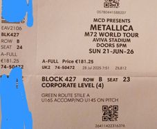 2 x Metallica Tickets - Aviva Sunday 21st of June 2026