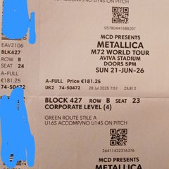 2 x Metallica Tickets - Aviva Sunday 21st of June 2026