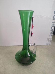 Vintage Retro  Handblown 60s 70s Green Glass Clear Applied Handle Vase