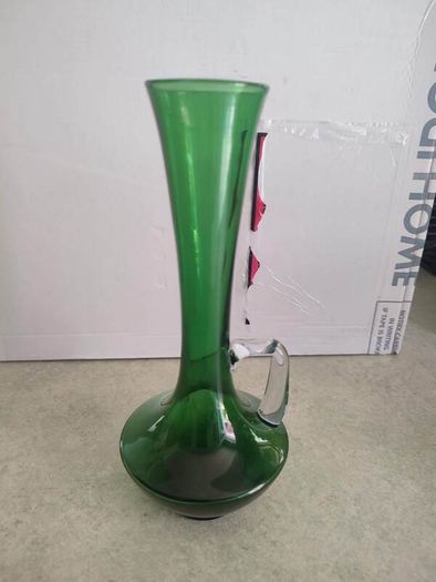 Vintage Retro  Handblown 60s 70s Green Glass Clear Applied Handle Vase