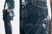 Fab Zara Blue Limited Edition Mid Rise Paint Splatter Washed Baggy Jeans  Size 42 UK 14