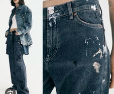 Fab Zara Blue Limited Edition Mid Rise Paint Splatter Washed Baggy Jeans  Size 42 UK 14