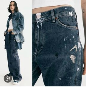 Fab Zara Blue Limited Edition Mid Rise Paint Splatter Washed Baggy Jeans  Size 42 UK 14
