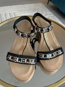 Ladies Black & Gold Low wedge Sandals from Evans
