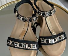 Ladies Black & Gold Low wedge Sandals from Evans
