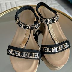 Ladies Black & Gold Low wedge Sandals from Evans