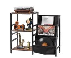 Record Player Stand with Charging Station & USB Ports, Holds up to 200 Albums, 3-Tier Turntable Stand with Vinyl Record Storage, Record Player Table
