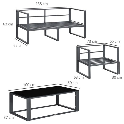 4 Pieces Garden Sofa Set, Including 2 Single Armchairs, 1 Bench & Side Table, Aluminium Frame Patio Furniture with Cushions, Grey