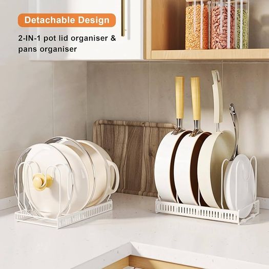 Expandable Pans Organiser Rack, Pan Lid Storage with 10 Adjustable Dividers, Pot Lid Holder, Kitchen Cupboard Organiser (White)