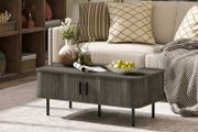 Coffee Table with Storage with Slatted Tambour Sliding Doors and Foot Pads