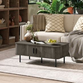 Coffee Table with Storage with Slatted Tambour Sliding Doors and Foot Pads