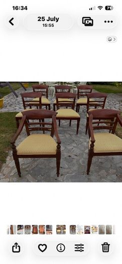 Mahogony table, 8 chairs, mahogony display cabinet