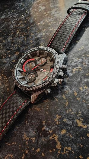 Sport Watch Carbon Fiber Style Case, Red Accents