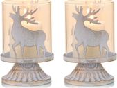 Vintage Antique Metal Pillar Candle Holders Set of 2, Distressed Hurricane Candlestick Candle Holders Prefer Centerpieces for Christmas Table Mantle Fireplace Decoration, Deer