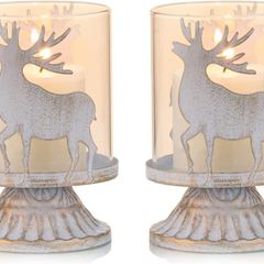 Vintage Antique Metal Pillar Candle Holders Set of 2, Distressed Hurricane Candlestick Candle Holders Prefer Centerpieces for Christmas Table Mantle Fireplace Decoration, Deer