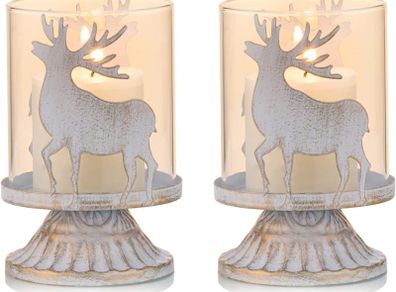 Vintage Antique Metal Pillar Candle Holders Set of 2, Distressed Hurricane Candlestick Candle Holders Prefer Centerpieces for Christmas Table Mantle Fireplace Decoration, Deer