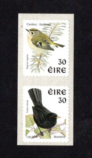 1998 Ireland 30p Definitive self-adhesive coil stamps Sprintpak print Goldcrest and Blackbird Definitive Stamps Mint Never Hinged (MNH)