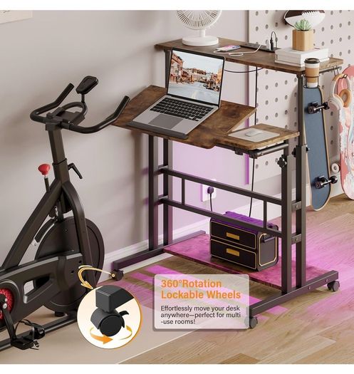 Standing Desk with Power Outlets & Strip Lights, Height Adjustable
