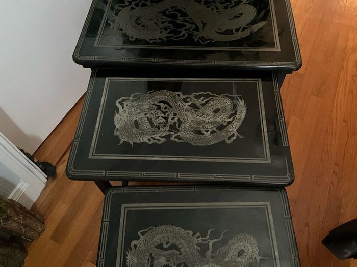 Vintage Oriental Set of 4 Black Lacquered Nest of Tables