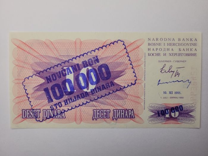 Bosnia - Herzegovina  100,000-100.000,000 Dinara, 1992-1994, 6 notes
