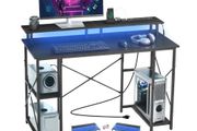 120 cm Computer Desk with Smart LED Lights and Power Outlets, Reversible Gaming Office Desk with Monitor Stand and 2-Tier Storage Shelves