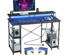 120 cm Computer Desk with Smart LED Lights and Power Outlets, Reversible Gaming Office Desk with Monitor Stand and 2-Tier Storage Shelves