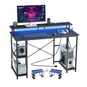 120 cm Computer Desk with Smart LED Lights and Power Outlets, Reversible Gaming Office Desk with Monitor Stand and 2-Tier Storage Shelves
