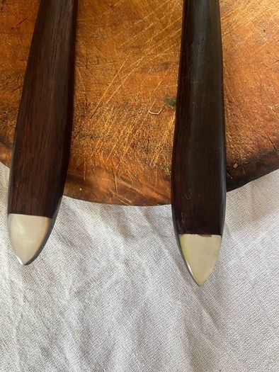 Vintage Mother of Pearl Serving Spoons Pair Caviar Fish Shell Spoon Wooden Handle serving spoon