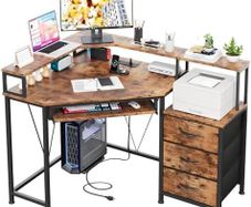 L Shaped Desk with 3 Drawers, Corner Computer Desk with Keyboard Tray with Power Outlet & Monitor Stand 90x90cm