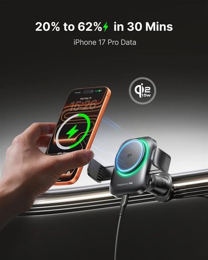3-in-1 Wireless Car Charger for Magsafe, Extra Clamp for Bumpy Road, Cooling Fan to Extend Battery Life, Original Qi2 Certified 15W Fast Charging Magnetic Car Phone Holder for iPhone 12-17 Series