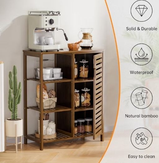 Walnut Bathroom Cabinet, Bamboo Floor Standing Side Storage Organizer with Door and 3 Open Shelves, Space Saving Kitchen Living Room Cupboard