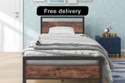 Single Bed Frames Solid Bedstead Base with Wood Headboard
