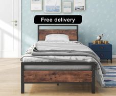 Single Bed Frames Solid Bedstead Base with Wood Headboard