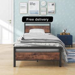Single Bed Frames Solid Bedstead Base with Wood Headboard