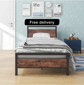 Single Bed Frames Solid Bedstead Base with Wood Headboard
