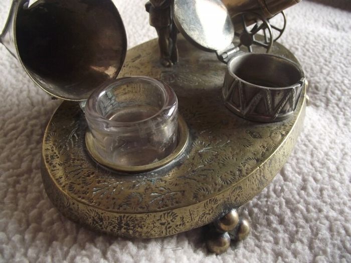 Victorian Brass Inkwell Desk Set - Military Theme - Lozenge Mark 13th January 1883