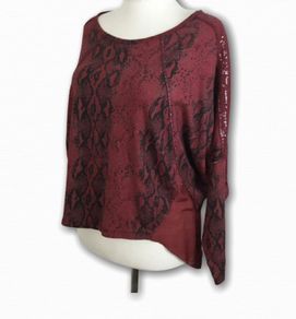 Ladies Red & Black Animal Print & Sequin Bat Wing Stylish Cotton Top Uk 18