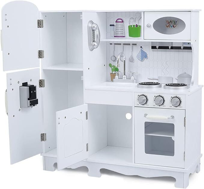 Children's Play Kitchen with Light and Sound Wooden Children's Play Kitchen with Water Dispenser in White