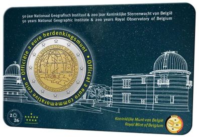 Belgium 2 Euro Commemorative Coin 2026 - 50 Years of the National Geographical Institute Belgium. Coincard. BU