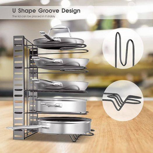 Pan Rack Organizer, 8 Tiers Pot & Pan Racks for Cupboard, Adjustable Pot Lid Holders & Pan Organiser with 3 DIY Methods for Kitchen Cookware Storage, Send 1 Cleaning Cloth