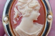 Vintage Shell Cameo Brooch Gold Tone Frame, Pin, Ivory, Salmon, Feminine, Collectible, Jewelry