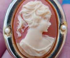 Vintage Shell Cameo Brooch Gold Tone Frame, Pin, Ivory, Salmon, Feminine, Collectible, Jewelry