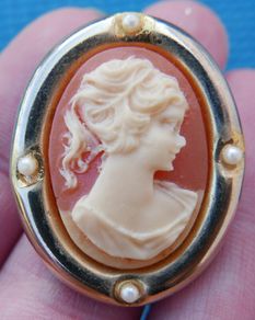 Vintage Shell Cameo Brooch Gold Tone Frame, Pin, Ivory, Salmon, Feminine, Collectible, Jewelry