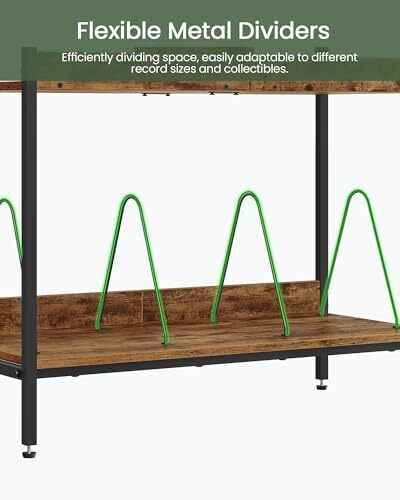 2-Tier Vinyl Record Storage Holder Rack, 250 LP Albums Display Shelf, Wooden Vinyl Storage Rack with Wire Dividers for Records, CDs, Books, Rustic Brown and Black