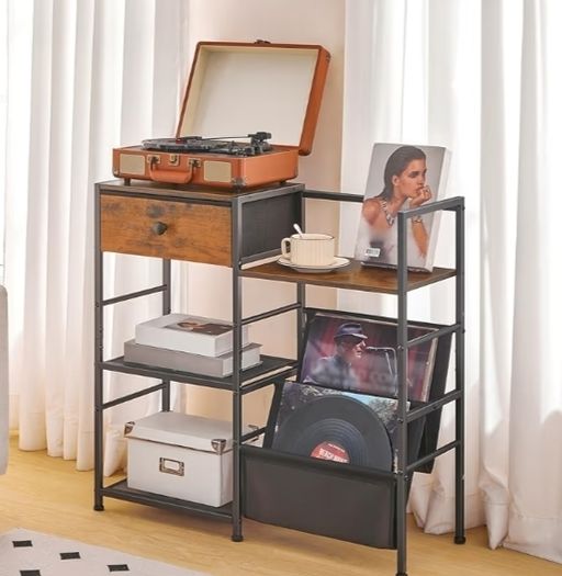 End Table with Vinyl Storage, 4 Tier Vinyl Record Storage, Side Table with Open Shelves, Turntable Stand for Living Room, Media Room, Rustic Brown
