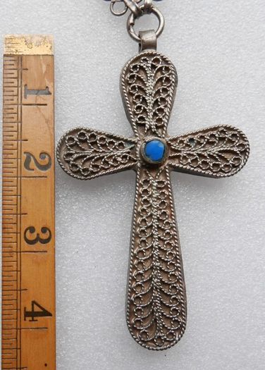 Vintage Turquoise  Large 4" Cross Pendant and unusual Chain length 34"