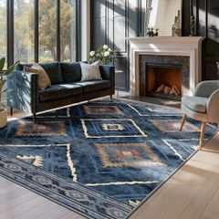 Machine Washable Large Rugs Living Room, 180x270 cm Non-Slip Area Rugs, Short Pile Blue Rug for Bedroom, Hallway, Bedroom, and Kitchen, Office, Blue