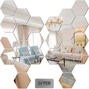24PCS Mirror Wall Stickers DIY Decor, Hexagon Large Silver Acrylic Plastic Mirror Tiles Kawaii Art Decoration Accessories for Living Room Bathroom Bedroom Home