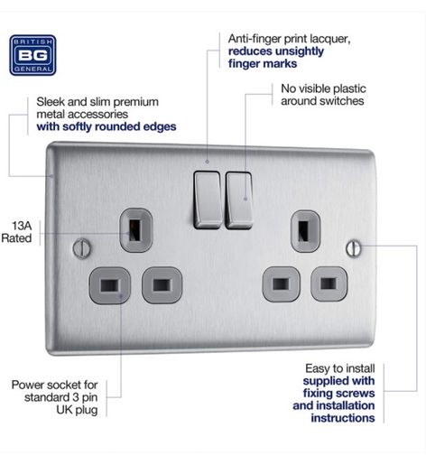 BG Electrical Brushed Steel wall outlets